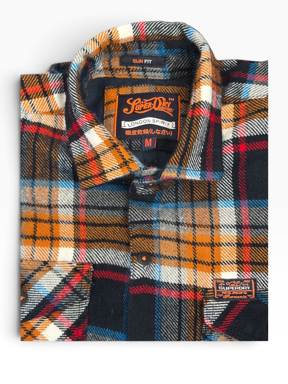 Superdry Flannel Shirt Mens Medium Orange Plaid Slim Fit Excellent London Spirit